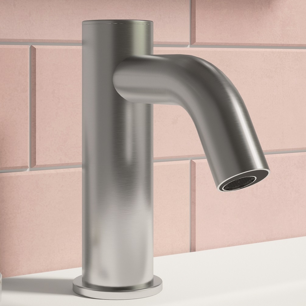 Product lifestyle image close up of Crosswater MPRO Sensor Brushed Stainless Steel Monobloc Basin Tap PROX110DNV